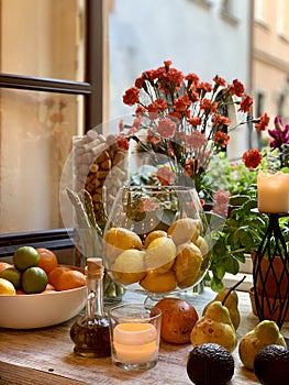 Beautiful window sill decorated with flowers