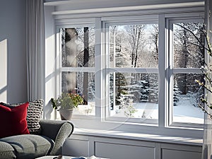 A beautiful window with a winter view on a sunny day
