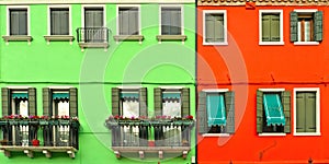 Beautiful windows with green shutters and balcony with flowers on red and green wall. Colorful houses on Burano island near Venice