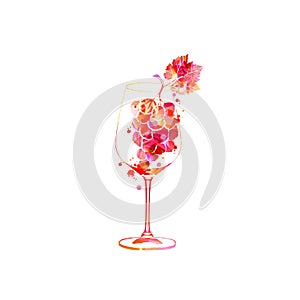Beautiful wine glass with grapes and grapevine leaf