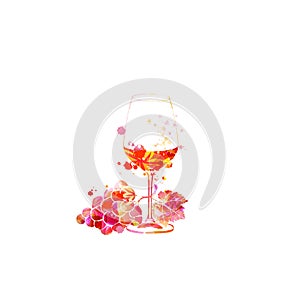 Beautiful wine glass with grapes and grapevine leaf