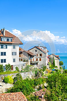Beautiful winemaking village Rivaz in Switzerland. Swiss Lavaux wine region. Buildings located by the stunning Lake Geneva.