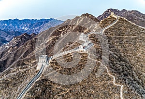 Beautiful winter aerial drone view of Great Wall of China Mutianyu section near Bejing