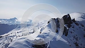 Beautiful Winter Aerial Flight Over Mountain Chain Landscape Alps Adventure Hiking Trekking Ski Vacation Travel Concept