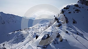 Beautiful Winter Aerial Flight Over Mountain Chain Landscape Alps Adventure Hiking Trekking Ski Vacation Travel Concept