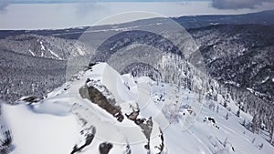 Beautiful Winter Aerial Flight Over Mountain Chain Landscape Alps Adventure Hiking Trekking Ski Vacation Travel Concept