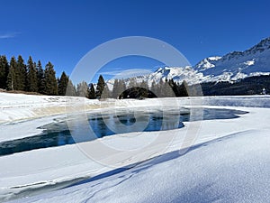 Beautiful winter atmosphere on storage lake Valos or reservoir lake Valos (Speichersee Valos)