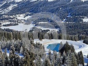 Beautiful winter atmosphere on storage lake Valos or reservoir lake Valos (Speichersee Valos)