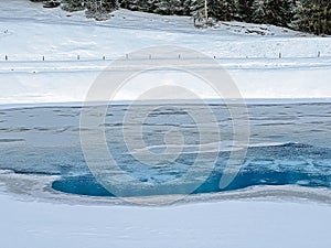 Beautiful winter atmosphere on storage lake Valos or reservoir lake Valos (Speichersee Valos) above the Lenzerheide