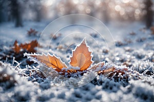 Beautiful winter background with a leaf covered with snow. ai generative