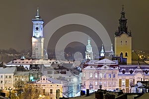 Beautiful winter cityscape in the center of Lvov c