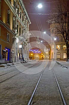 Beautiful winter cityscape in the center of old Lvov city at the