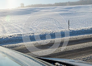 Beautiful winter cold landscape in blue tones, frost on scenic tall grass copse, winter frosty day with frost trees