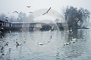 Beautiful winter day in the park, Parcul Tineretului in Bucharest. Sunset time birds flying, foggy cloudy day.Bucharest, Romania.L