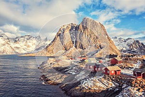 Beautiful winter daytime landscape, view of the small norwegian fishing village Hamnoy, Lofoten Islands, Norway