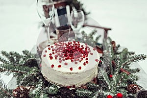 Beautiful winter decor for the wedding photo shoot on the street in rustic style