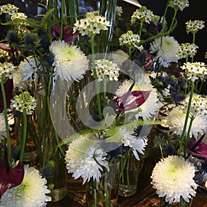 White winter flower dream with Chrysanthemum, Star of Bethlehem Flower, Anturia, Fern, Thistle, beautiful Flower Arrangement