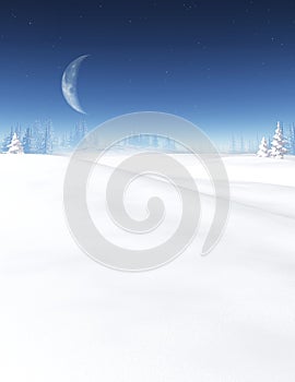 Beautiful winter forest landscape, moon in the sky