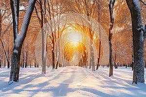 Beautiful winter forest landscape with snow covered trees and bright sunlight