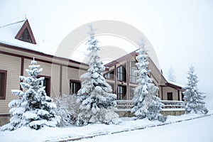 Beautiful winter forest and snow-covered house.