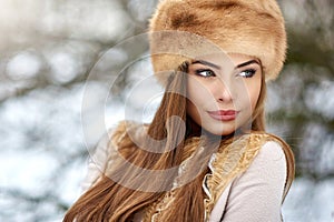 Beautiful winter girl portrait. Copy space. Close up