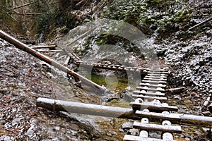 Beautiful winter hiking trail in gorge of Slovak Paradise NP.