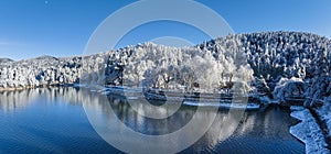 beautiful winter lake scenery in Lushan mountain