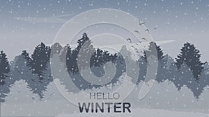 Beautiful Winter Landscape Background with Winter Colored Pine Tree Forest, Snowfall, Text and Ascending Birds. Vector