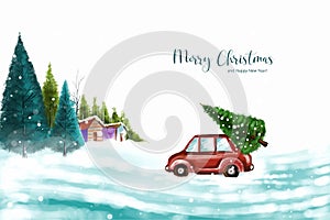 Beautiful winter landscape with car in snowy christmas tree background