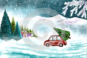 Beautiful winter landscape with car in snowy christmas tree background