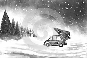 Beautiful winter landscape with car in snowy christmas tree gray background
