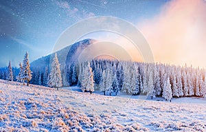 Beautiful winter landscape in the Carpathian mountains. Vibrant night sky with stars and nebula and galaxy. Deep sky