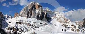 Beautiful winter landscape in the Cortina d`Ampezzo Dolomites. Tofana di Rozes mountain group. Veneto, Italy