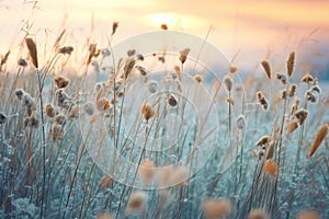 Beautiful winter landscape with dry reed in the field at sunset