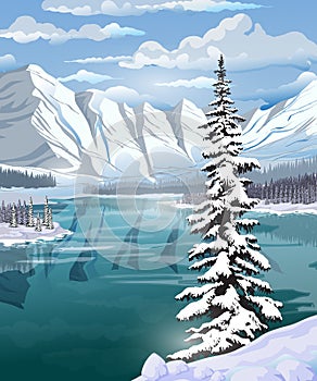 Beautiful winter landscape with an emerald lake, forest, mountains and a large spruce in the foreground. Landscape background for
