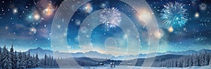Beautiful winter landscape with fireworks and fir trees. Panoramic banner