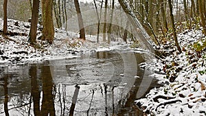 Beautiful winter landscape with forest river and snow. Colorful nature background