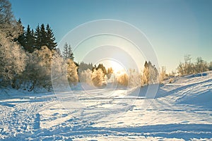 Winter landscape with forest, snow, blue sky and sun