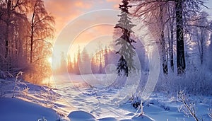 beautiful winter landscape with forest, trees and sunrise. winterly morning of a new day. photo