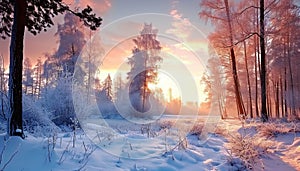 beautiful winter landscape with forest, trees and sunrise. winterly morning of a new day. photo