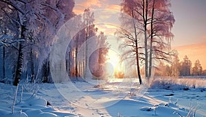 beautiful winter landscape with forest, trees and sunrise. winterly morning of a new day. photo