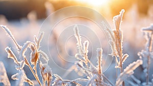 a beautiful winter landscape with frost on grass and branches, a snowy forest in background, sunlight and beautiful nature