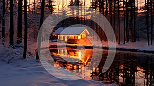 Beautiful winter landscape with frozen lake and wooden house at sunset.