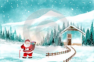 Beautiful winter landscape with house in snowy christmas card background