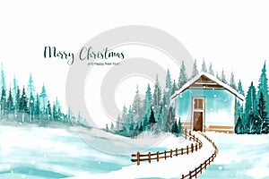 Beautiful winter landscape with house in snowy christmas card background