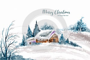 Beautiful winter landscape with house in snowy christmas card background