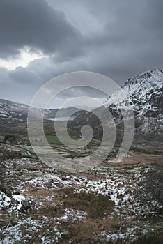 Beautiful Winter landscape image in Llyn Gwynant in Snowdonia Na