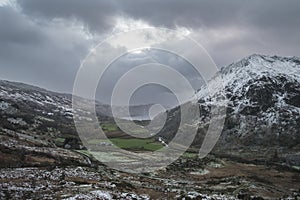 Beautiful Winter landscape image in Llyn Gwynant in Snowdonia Na