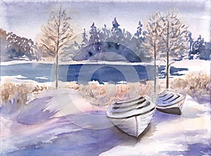 Beautiful winter landscape with lake, forest and boat. Hand drawn watercolor illustration of Frosty countryside.