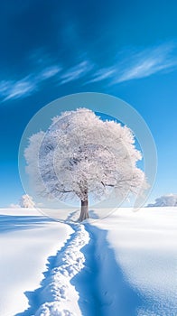 Beautiful winter landscape with lonely tree on snow covered field and blue sky. Selective Focus